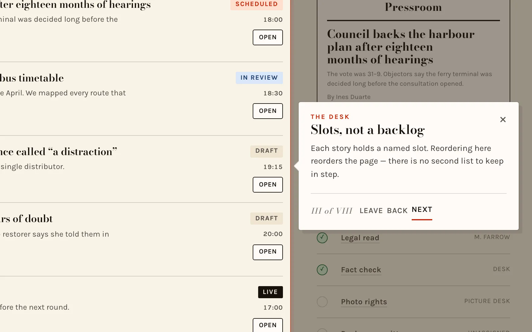Pressroom, a newsroom run of show, with a serif tour popover and a roman numeral step counter.