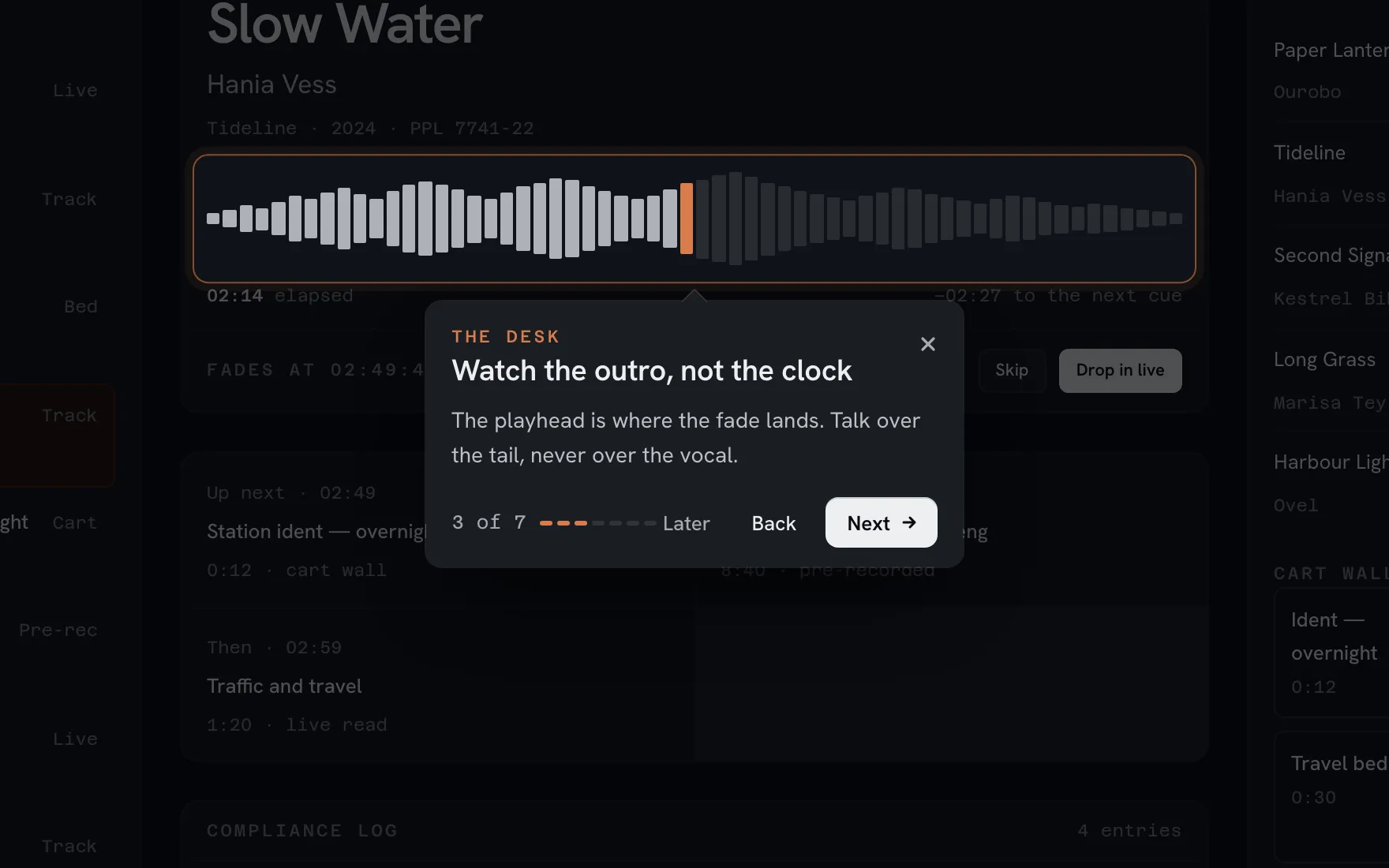 Nocturne, a radio playout desk, with a tour popover under the waveform.