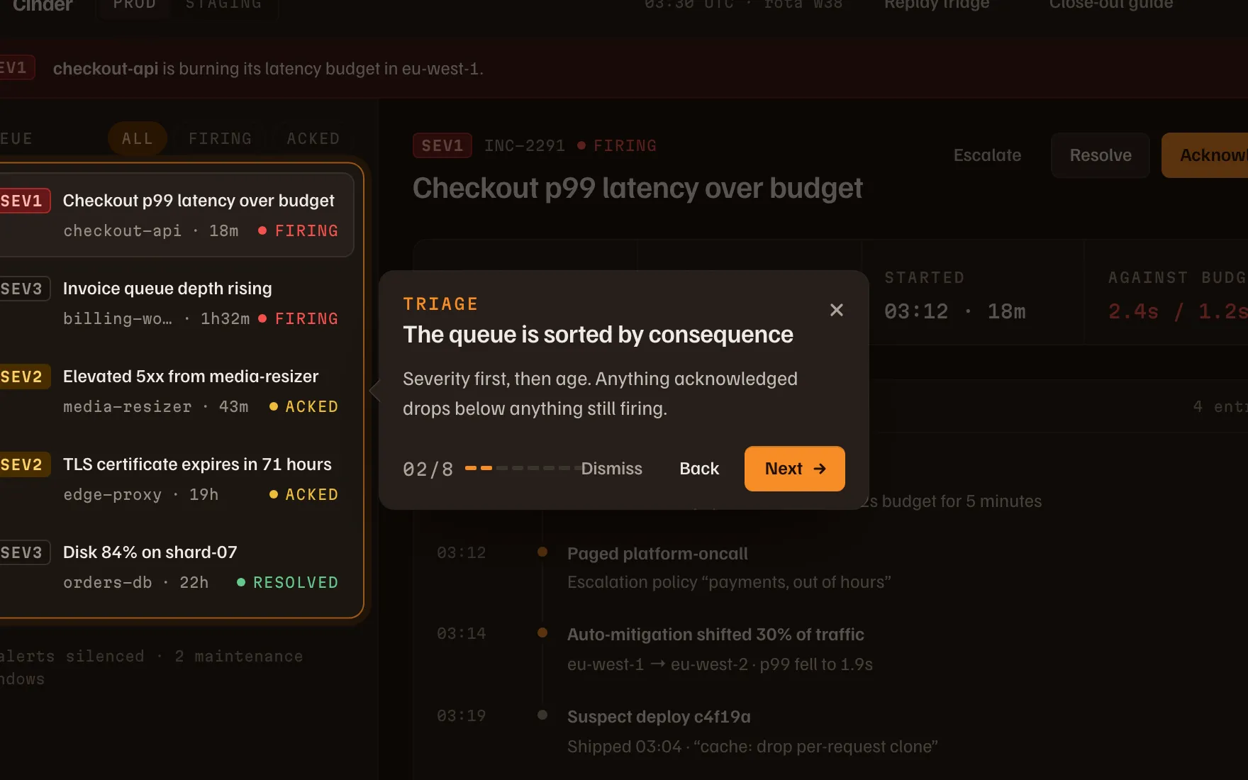 Cinder, a dark incident console, with a tour popover explaining the alert queue.